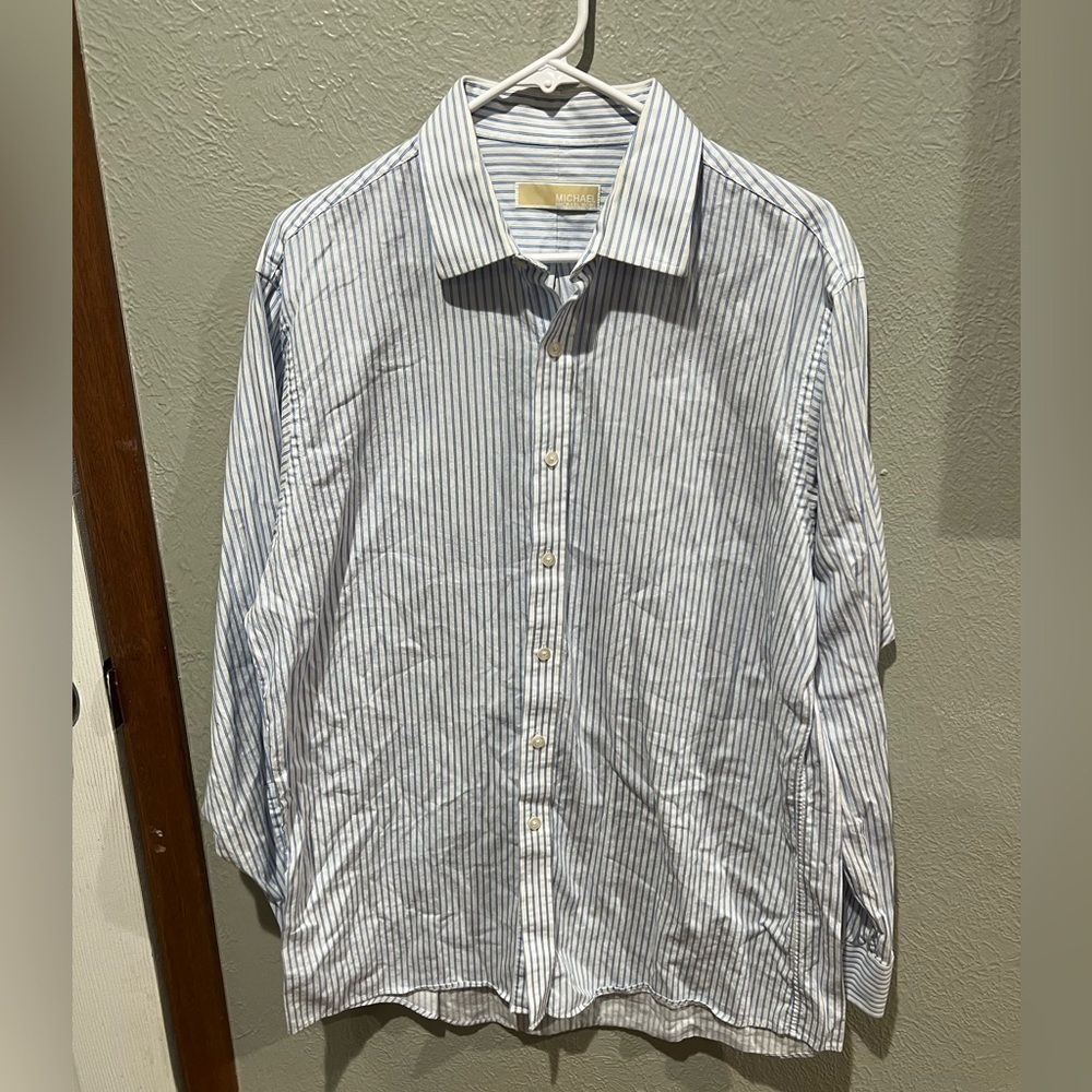 Michael Kors Men's White and Blue Striped Shirt 16.5 Neck EUC